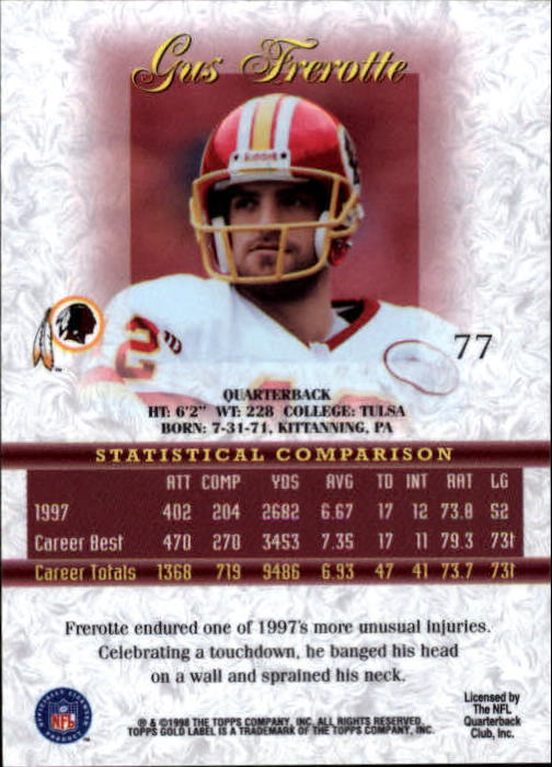 1998 Topps Gold Label Class 1 #77 Gus Frerotte back image