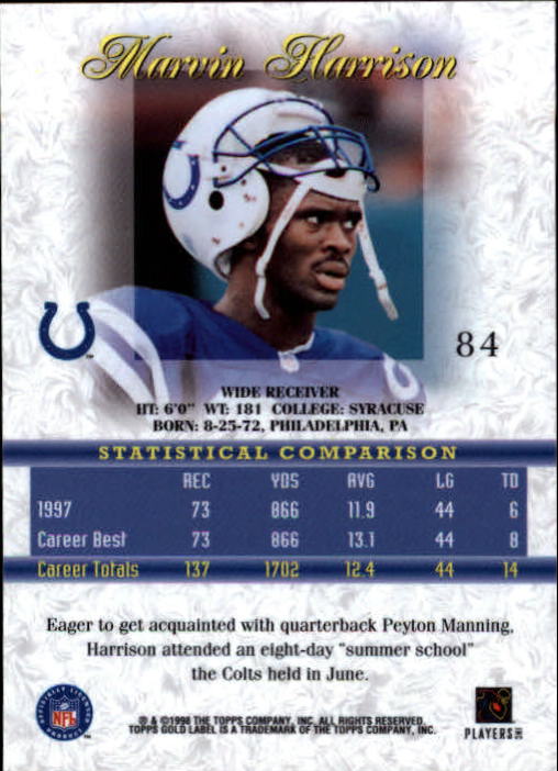 1998 Topps Gold Label Class 1 #84 Marvin Harrison back image