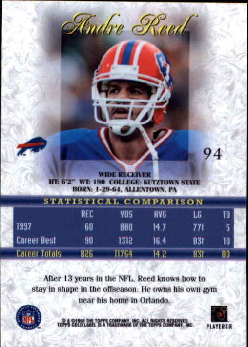 1998 Topps Gold Label Class 1 #94 Andre Reed back image