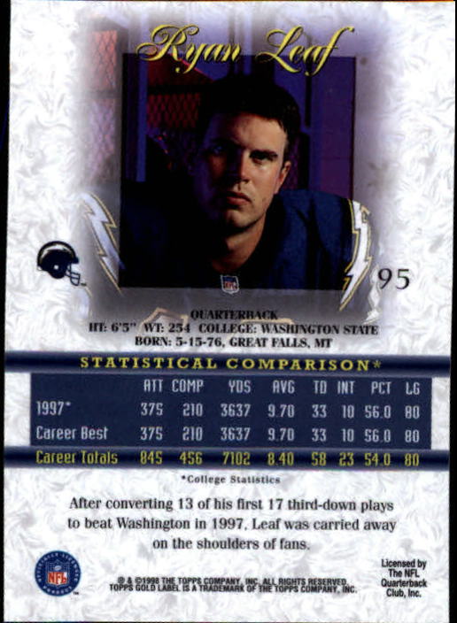 1998 Topps Gold Label Class 1 #95 Ryan Leaf RC back image