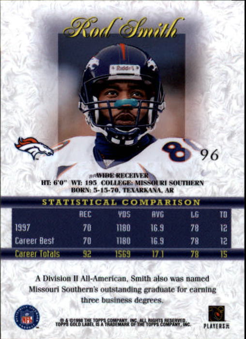 1998 Topps Gold Label Class 1 #96 Rod Smith WR back image