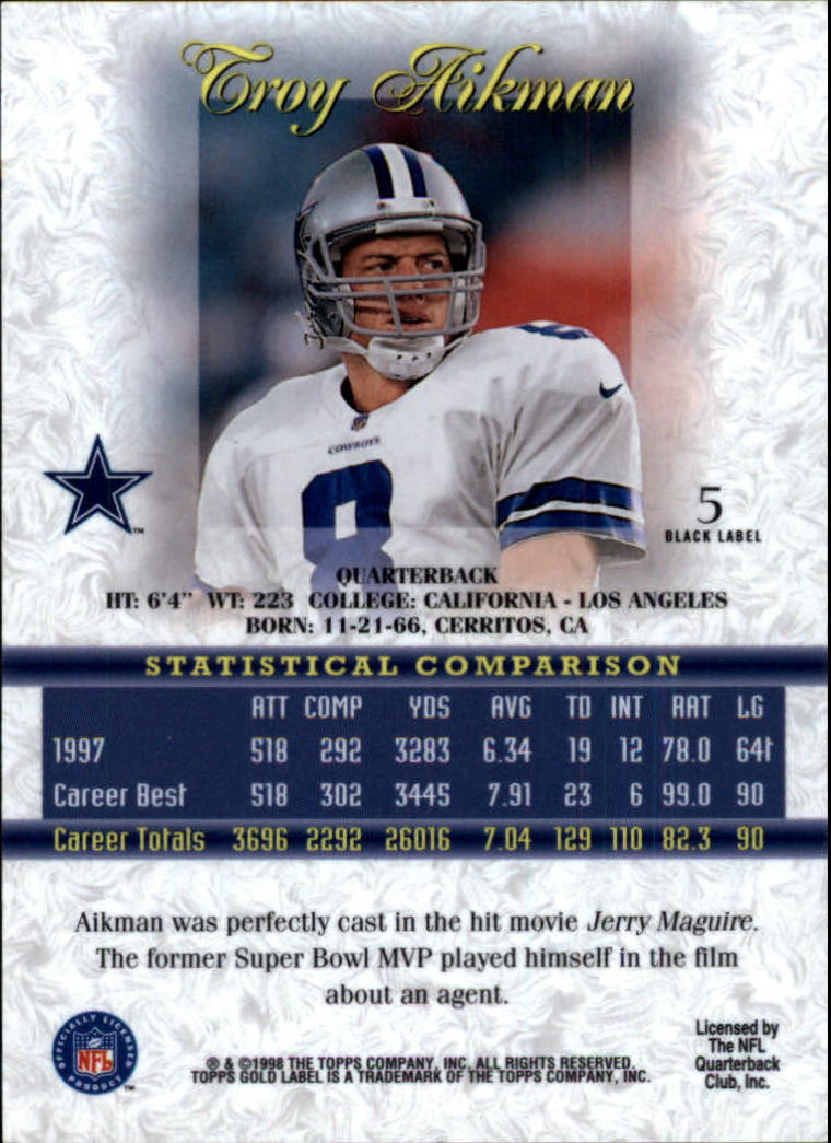 1998 Topps Gold Label Class 1 Black #5 Troy Aikman back image