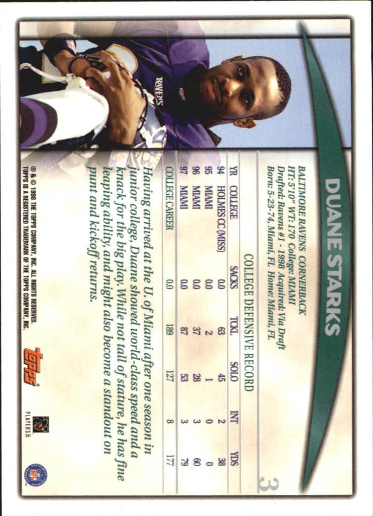 1998 Topps Season Opener #3 Duane Starks RC back image