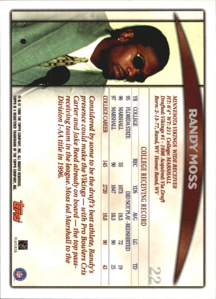 1998 Topps Season Opener #22 Randy Moss RC back image