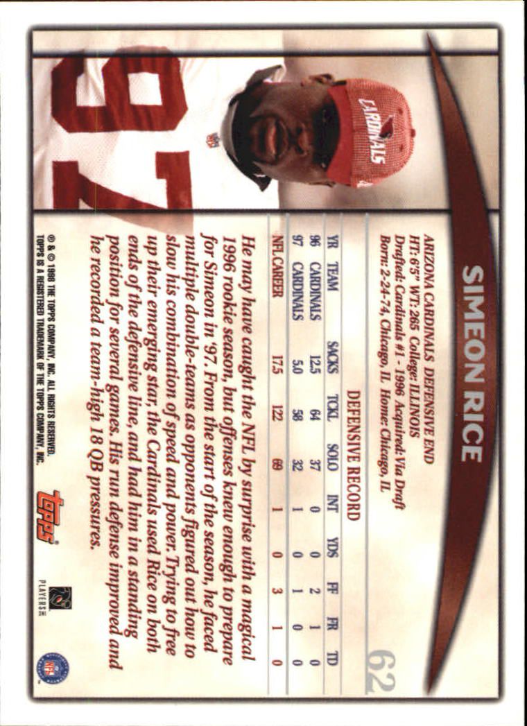 1998 Topps Season Opener #62 Simeon Rice back image