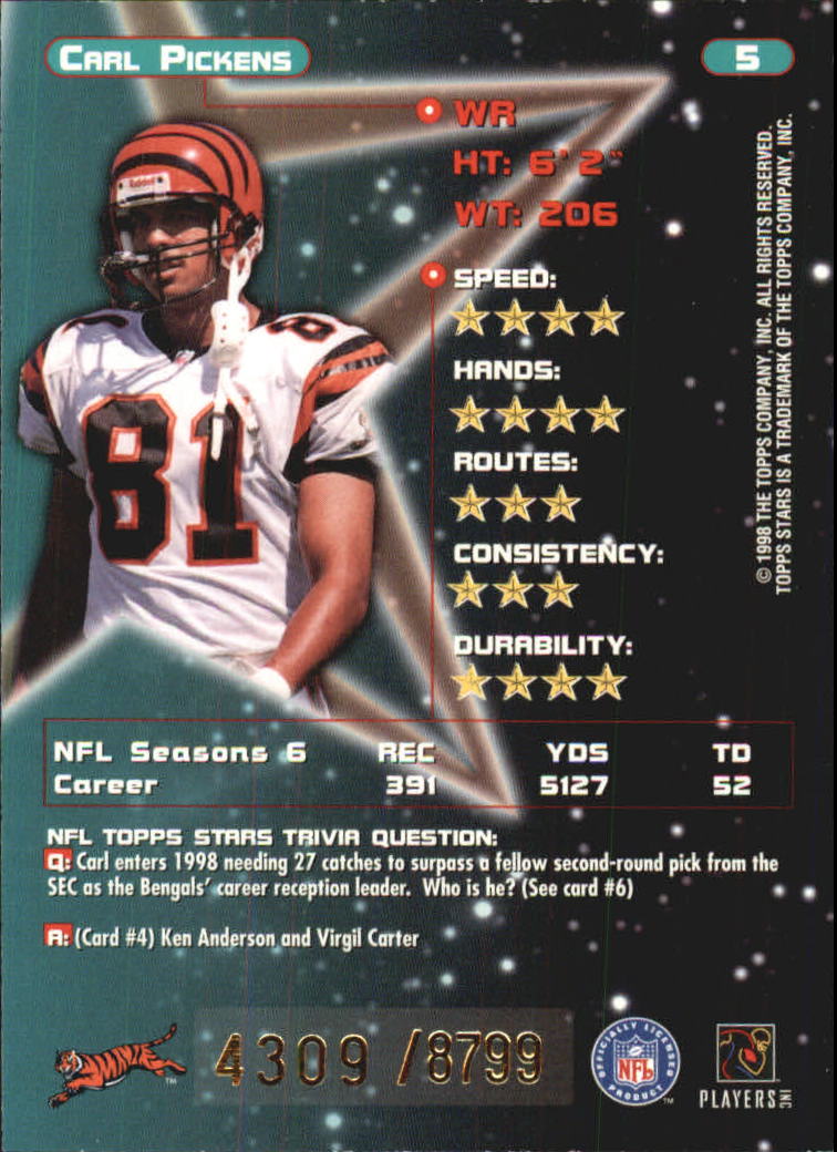 1998 Topps Stars #5 Carl Pickens back image