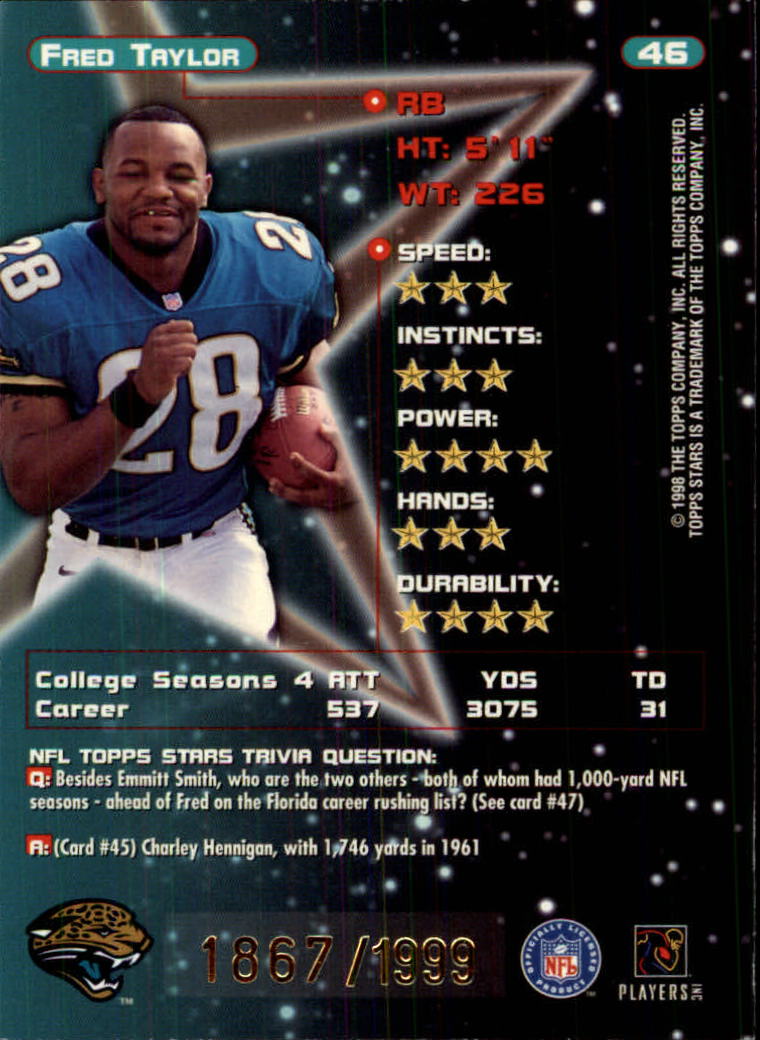 1998 Topps Stars Gold #46 Fred Taylor back image