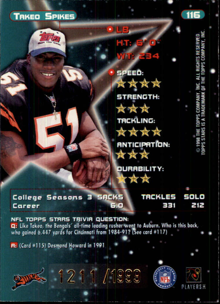 1998 Topps Stars Gold #116 Takeo Spikes back image