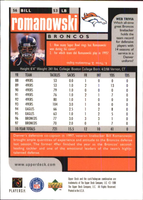 : 1999 Upper Deck # 70 Bill Romanowski Denver Broncos