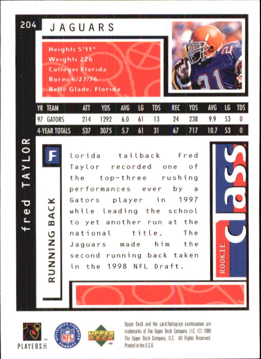 1998 UD Choice #204 Fred Taylor RC back image