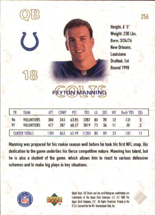 1998 UD Choice #256 Peyton Manning DN back image