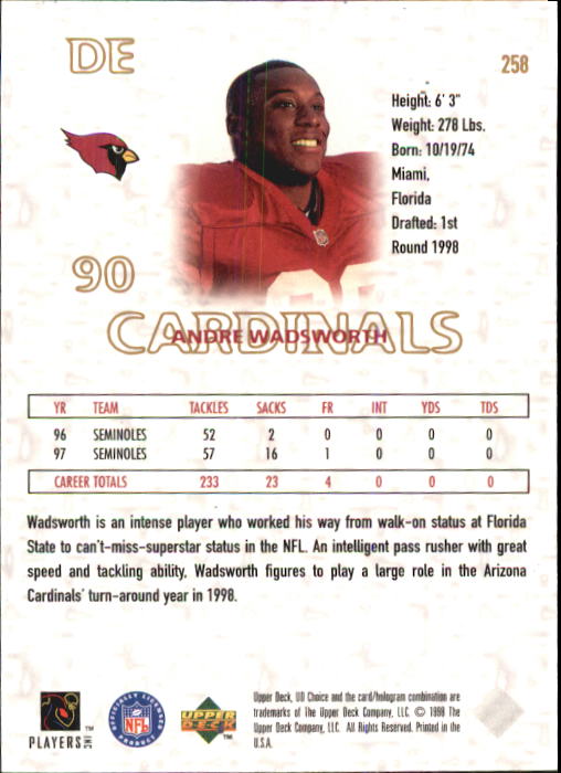 1998 UD Choice #258 Andre Wadsworth DN back image