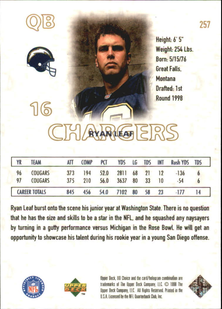 1998 UD Choice Choice Reserve #257 Ryan Leaf DN back image