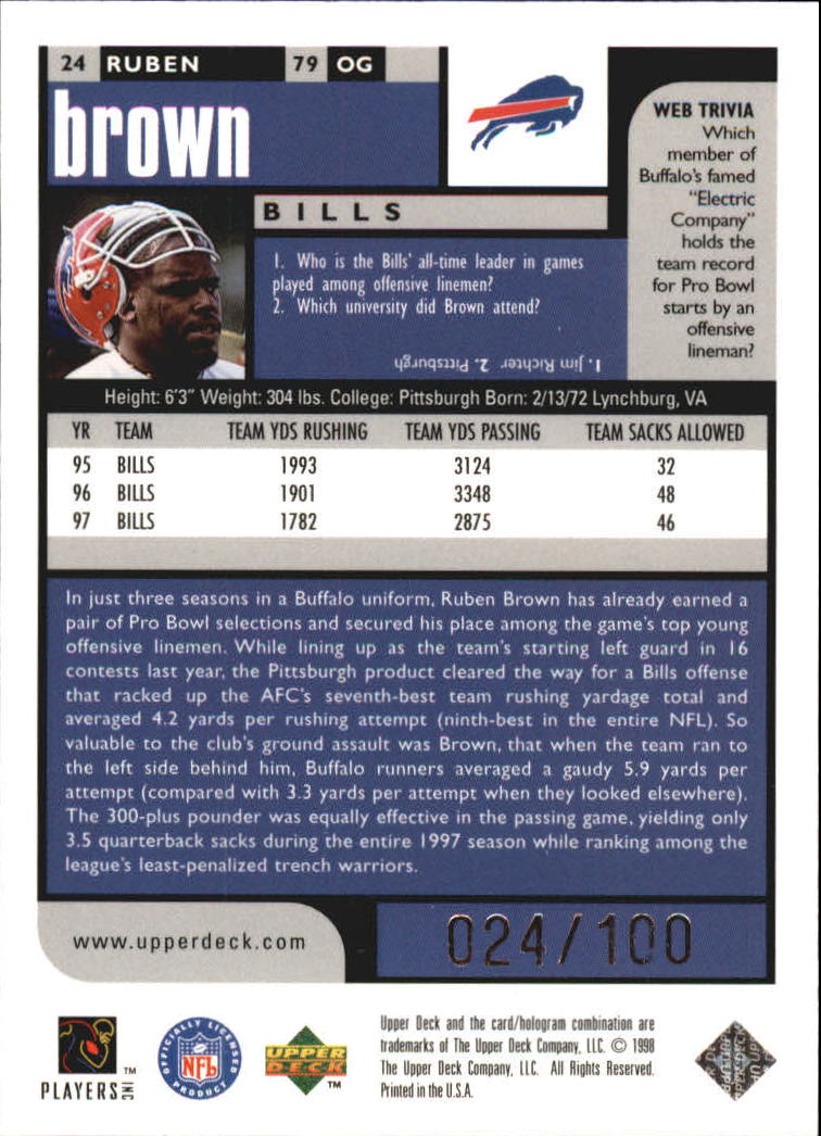 1998 UD Choice Prime Choice Reserve #24 Ruben Brown back image