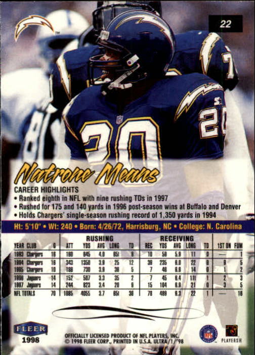 1998 Ultra #22 Natrone Means back image