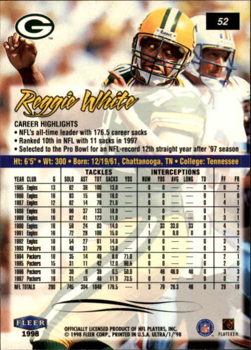 1998 Ultra #52 Reggie White back image