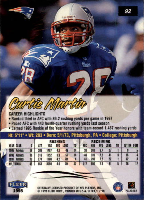 1998 Ultra #92 Curtis Martin back image