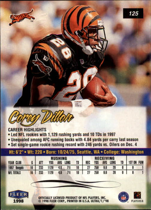 1998 Ultra #125 Corey Dillon back image