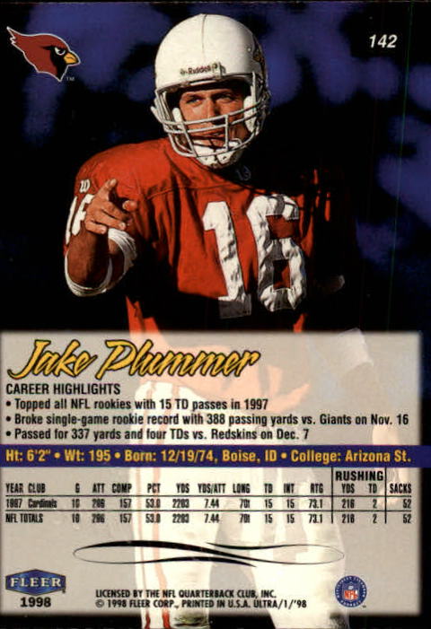 1998 Ultra #142 Jake Plummer back image