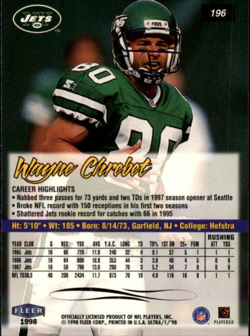 1998 Ultra #196 Wayne Chrebet back image