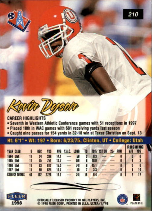 1998 Ultra #210 Kevin Dyson RC back image