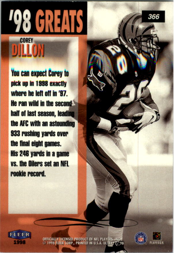 1998 Ultra #366 Corey Dillon NG back image