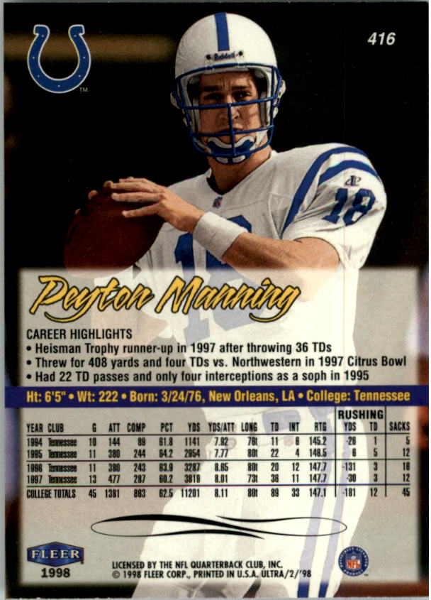 1998 Ultra #416 Peyton Manning back image