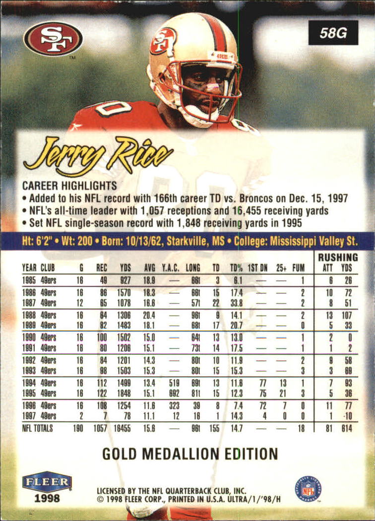 1998 Ultra Gold Medallion #58G Jerry Rice back image