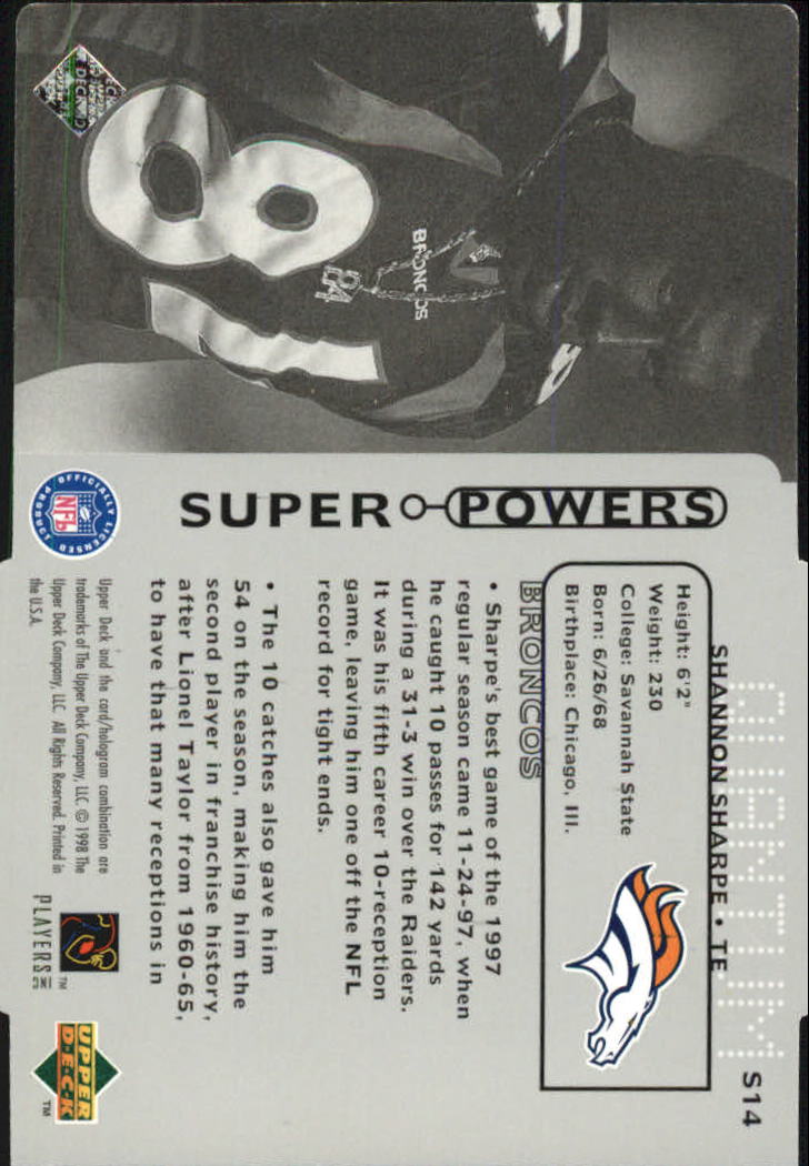 1998 Upper Deck Super Powers Die Cut Silver #S14 Shannon Sharpe back image