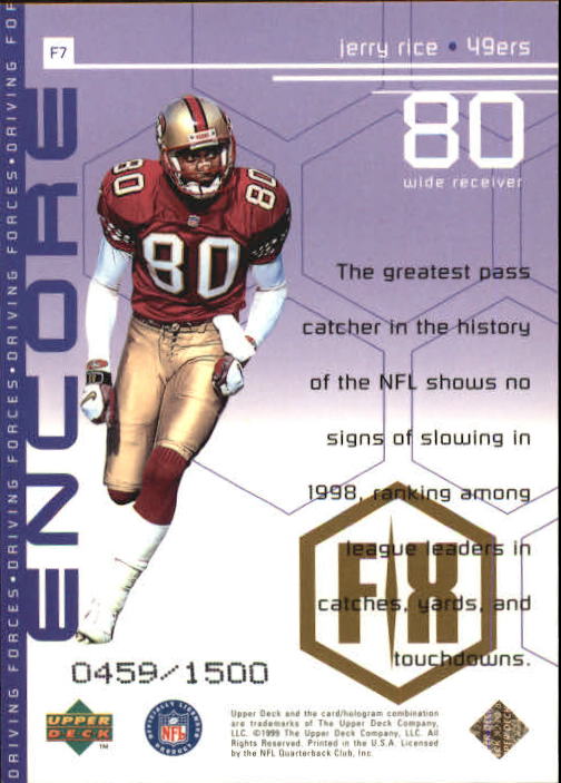 1998 Upper Deck Encore Driving Forces F/X #F7 Jerry Rice back image