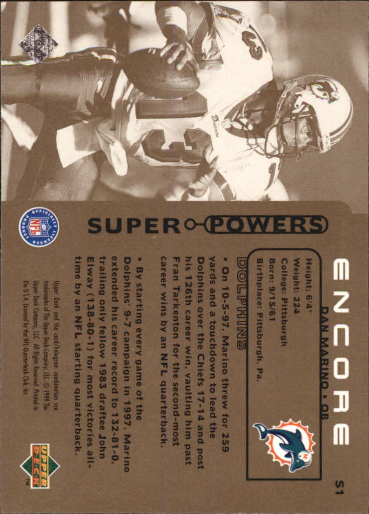 1998 Upper Deck Encore Super Powers #S1 Dan Marino back image
