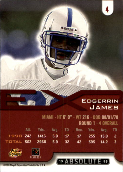 1999 Absolute EXP #4 Edgerrin James RC back image