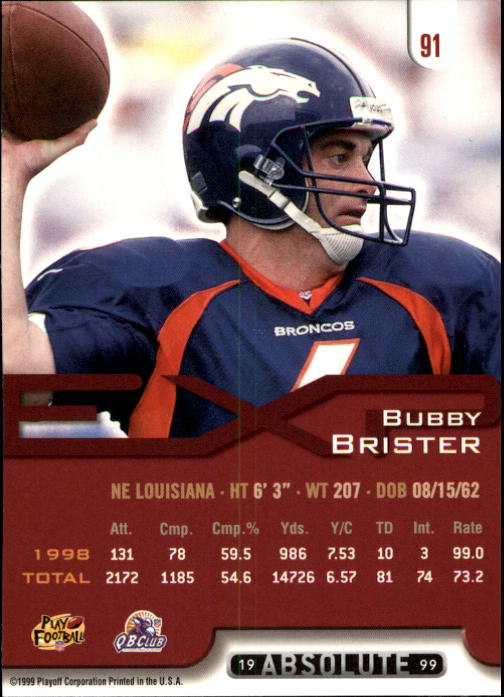 1999 Absolute EXP #91 Bubby Brister back image