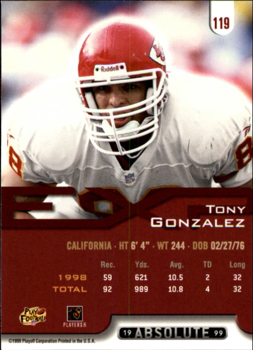 1999 Absolute EXP #119 Tony Gonzalez back image
