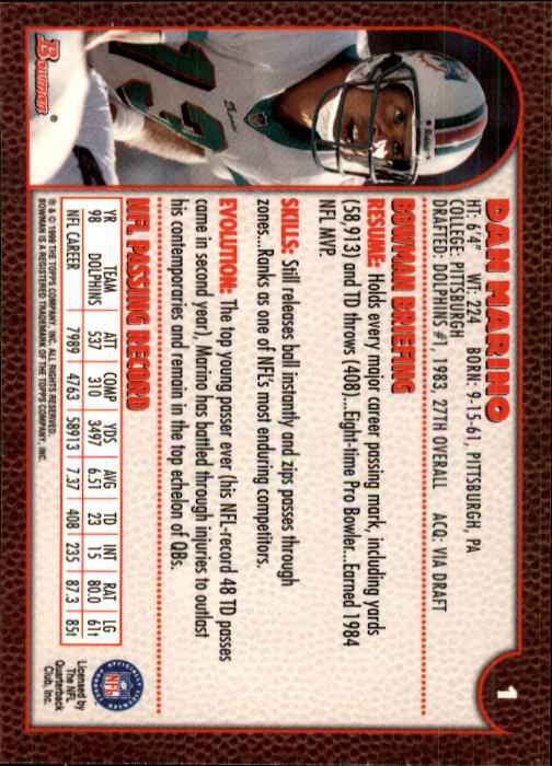 1999 Bowman #1 Dan Marino back image