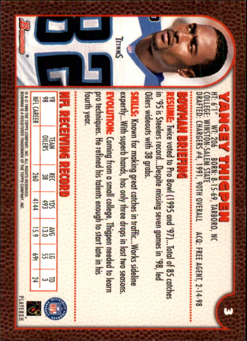 1999 Bowman #3 Yancey Thigpen back image