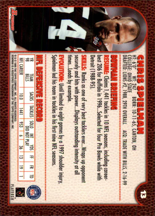 1999 Bowman #13 Chris Spielman back image