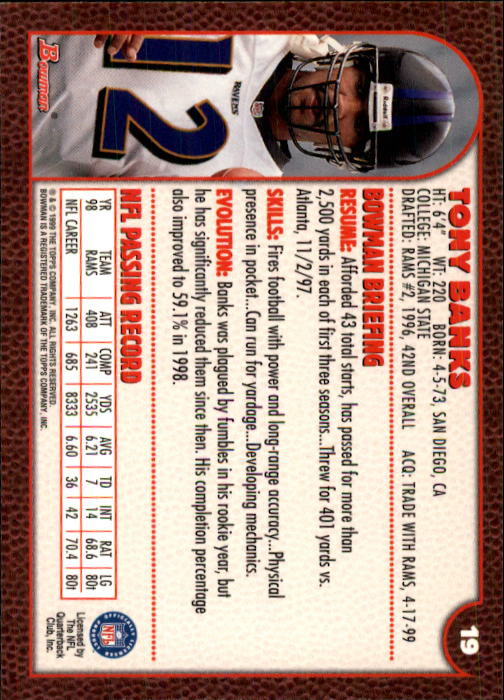 1999 Bowman #19 Tony Banks back image