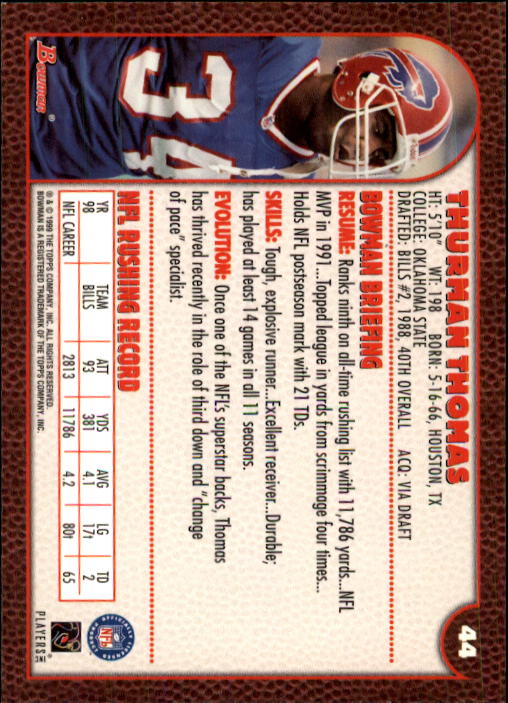 1999 Bowman #44 Thurman Thomas back image