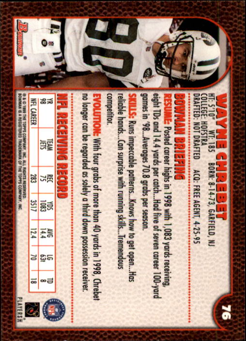 1999 Bowman #76 Wayne Chrebet back image