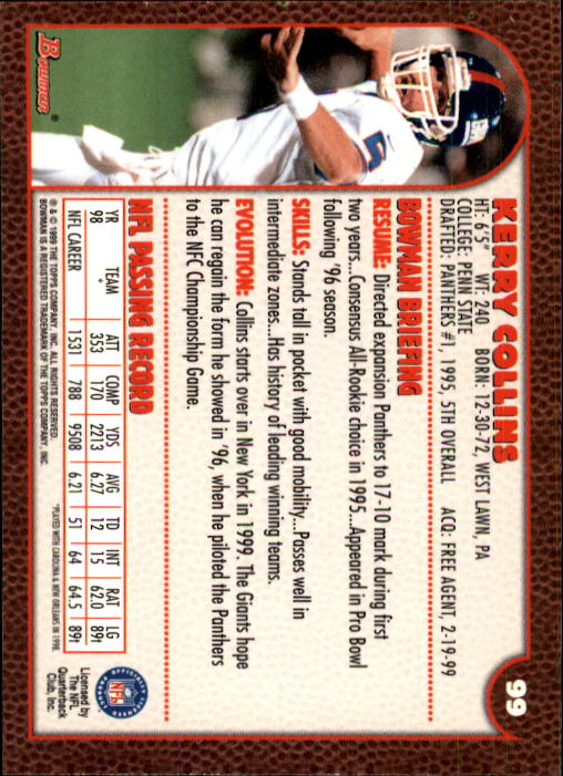 1999 Bowman #99 Kerry Collins back image