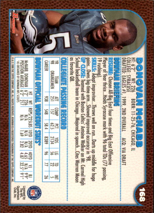 1999 Bowman #168 Donovan McNabb RC back image