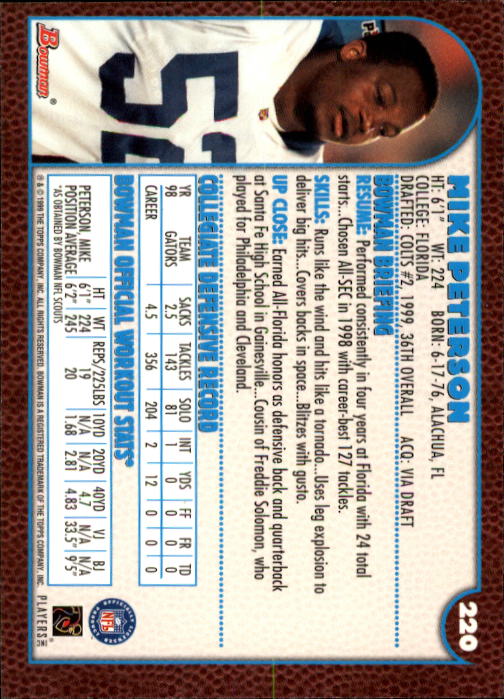 1999 Bowman #220 Mike Peterson RC back image