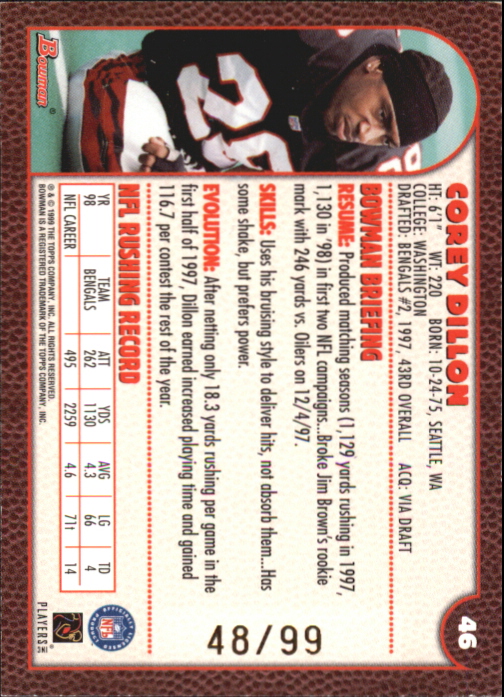 1999 Bowman Gold #46 Corey Dillon back image