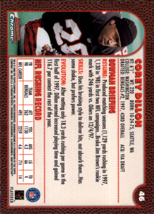 1999 Bowman Chrome #46 Corey Dillon back image