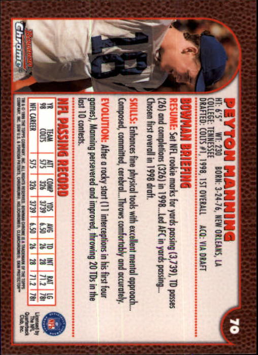 1999 Bowman Chrome #70 Peyton Manning back image