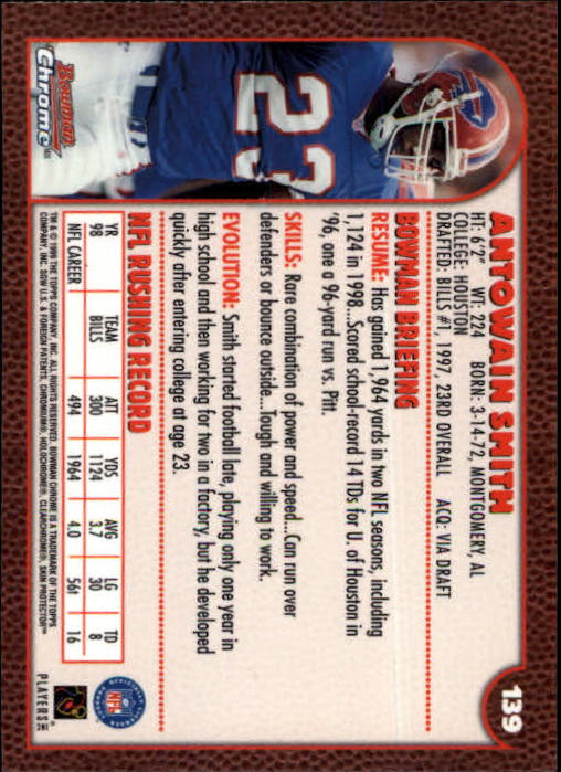 1999 Bowman Chrome #139 Antowain Smith back image