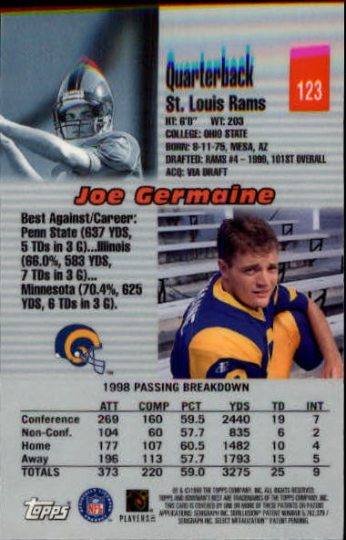 1999 Bowman's Best #123 Joe Germaine RC back image