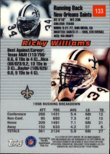 1999 Bowman's Best #133 Ricky Williams RC back image