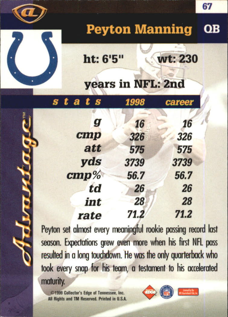 1999 Collector's Edge Advantage Gold Ingot #67 Peyton Manning back image